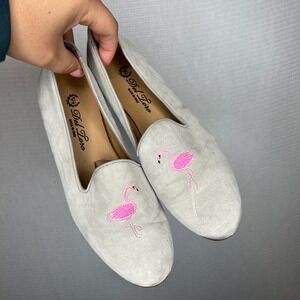 Del Toro Women's‎ Size 7 Gray Suede Flamingo Embroidered Loafers Flats Shoes